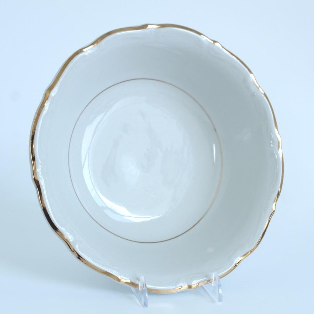 Walbrzych Porcelain Serving Bowl Gold Trim Scalloped White 9 inch Poland Vintage